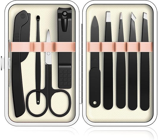 Yougai Tweezers Set,9 Pcs Professional Stainless Steel Nail Clippers and Tweezer Kit for Women and Men, Great Precision Tweezers No Gaps with Leather Travel Case