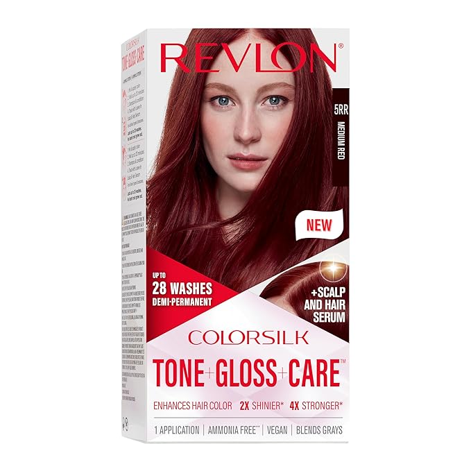 Revlon ColorSilk Tone + Gloss + Care Demi Permanent Hair Color, Dye Kit with Leave-In Scalp and Haircare Serum, 2x Shinier, 4x Stronger, 5RR Medium Red, 4.5 fl oz