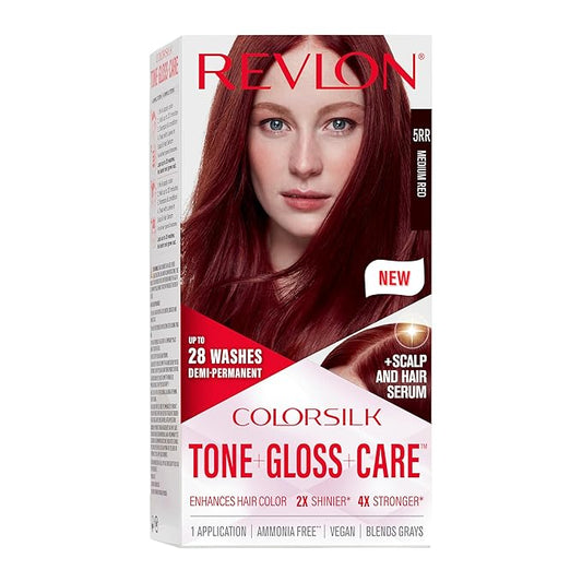 Revlon ColorSilk Tone + Gloss + Care Demi Permanent Hair Color, Dye Kit with Leave-In Scalp and Haircare Serum, 2x Shinier, 4x Stronger, 5RR Medium Red, 4.5 fl oz
