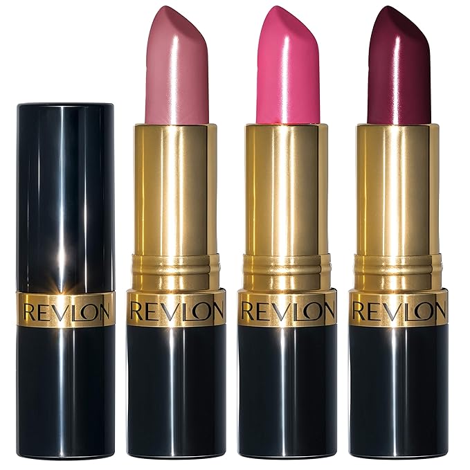 Revlon Super Lustrous 3-Piece Lipstick Gift Set, High Impact, Moisturizing, Cream Finish, 764 On The Mauve, 778 Pink Promise, 477 Black Cherry, 0.45 Oz