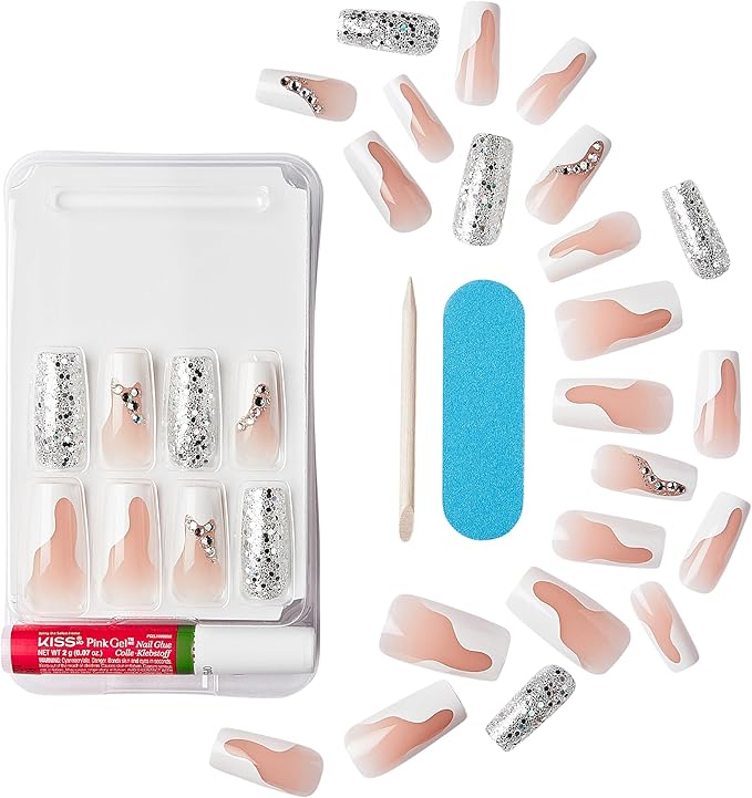 KISS Premium Classy Fake Nails - Stay Modish, Long & Square, Super Glam, Jewel Accents, Waterproof, Smudge Proof, No Dry Time, Durable, Takes Minutes, Quick & Easy | 30 Count