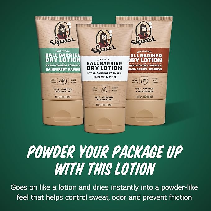 Dr. Squatch Ball Barrier Dry Lotion, No Mess Body Powder Lotion for Men, Made With Natural Ingredients - 2-Pack Rainforest Rapids