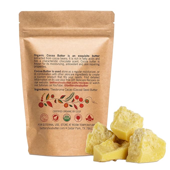 Organic Cocoa Butter Raw Unrefined, Food Grade USDA Certified Organic, for Scars, Stretch Marks Cream, Body Butter, Lip Balm and Lotion Bars, 100% Pure 1 lb Block