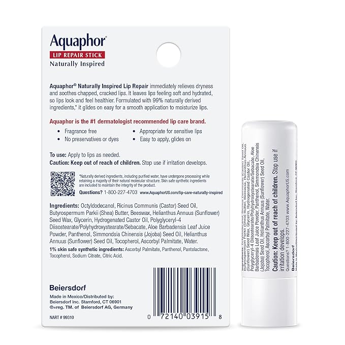 Aquaphor Naturally Inspired Lip Repair Stick with Aloe Vera and Natural Shea Butter, Hydrating Lip Balm Stick Immediately Relieves Dryness and Soothes Chapped Lips, 0.17 Oz Stick, Pack of 3