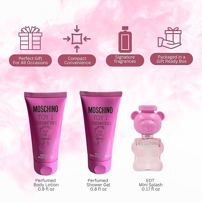 MOSCHINO Toy 2 Bubble Gum 3-Piece Set for Women, (0.17 Oz Eau De Toilette Splash + 0.8 Oz Bath Shower Gel + 0.8 Oz Body Lotion)