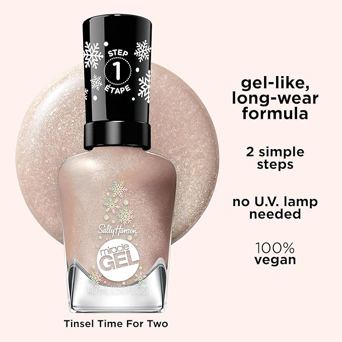 Sally Hansen Miracle Gel, Tinsel Time for Two, Long Lasting, Gel-Like Formula, No UV Lamp Needed, Semi Opaque, Shimmery Nude Nail Polish