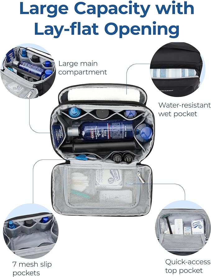 BAGSMART Toiletry Bag for Men, Wide Opening Travel Bag for Toiletries, Dopp Kit Water Resistant Shaving Hygiene Bag for Bathroom Shower, Toiletries Accessories,Travel Essentials-Gray