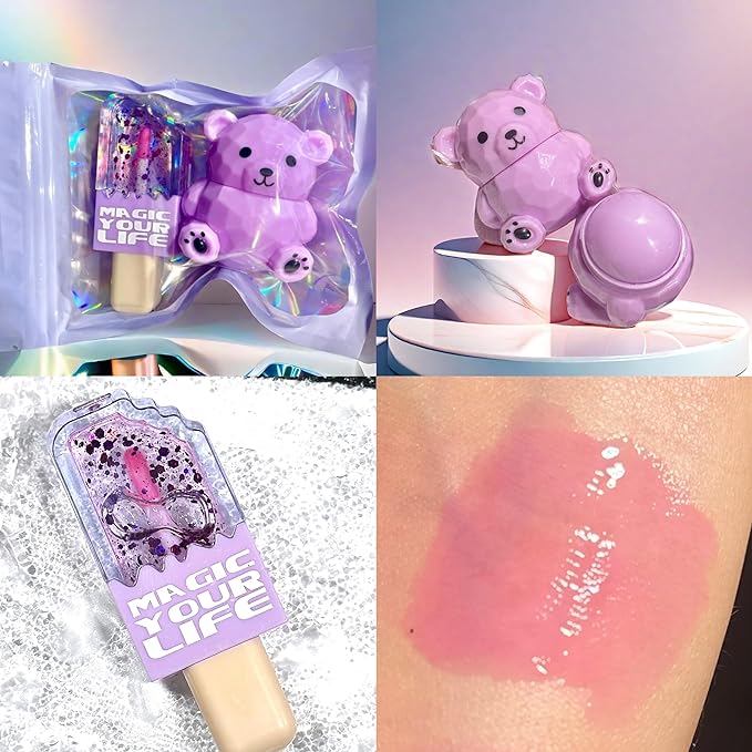 Bear Moisturizing Lip Balm & Lip Gloss Set - Oil Infused, Long-Lasting Lipstick & Gloss for Smooth Lips hydrating lip glow oil, Transparent Lip Oil Tinted, Reduce lip lines (Purple suit, 1)