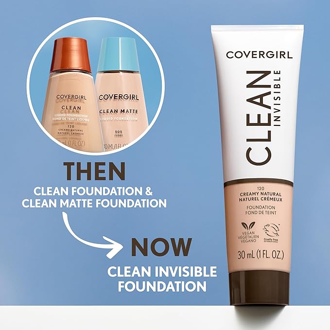 COVERGIRL Clean Invisible Foundation Makeup, Dewy & Glowy Natural Finish, Buildable Coverage, Skin-Like Smooth Look, Vegan, Buff Beige, 1oz