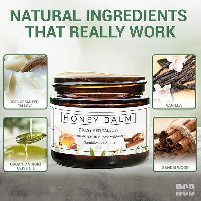 Tallow and Honey Balm, Organic Body Butter, Grass-Fed Beef Tallow for Skin, Soothing All-Natural Moisturizer for Body and Face | Made in USA - 2 oz (Sandalwood Vanilla)