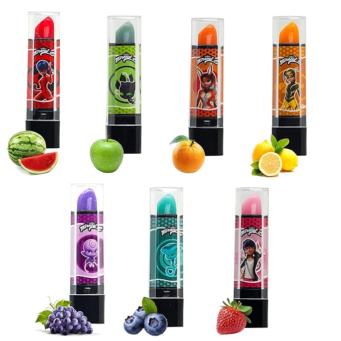 Miraculous Ladybug Cosmetic Lipstick Set - 7 Fruit Scented Color-Changing Lipsticks for Kids - Transforming Lipsticks Turn Pink - Magic Lipsticks Gift Set - Safe & Fun Makeup Kit