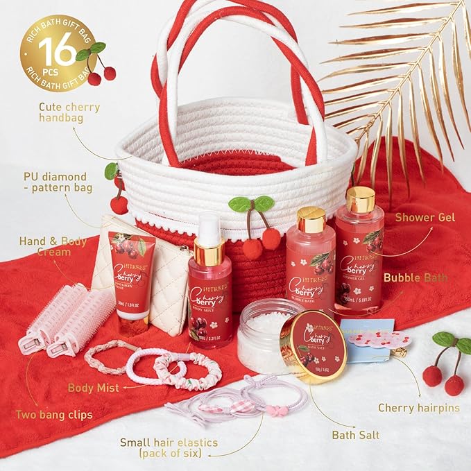 Spa Gifts for Women, Cherry & Berry Spa Gift Set for Teenage Tote Bag, Shower Gel, Hand & Body Lotion, Hitrees Birthday for Best Friend Woman, Mom, Mothers Day