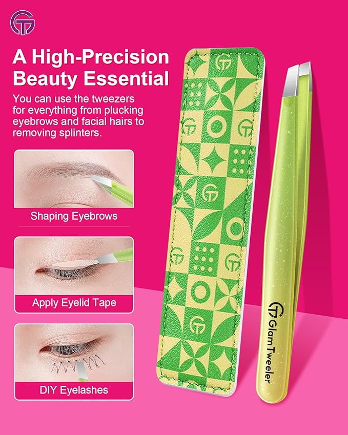 Expert Eyebrow Hair Removal Tweezer with Leather Case, GlamTweeler High Precision Slant Tip Stainless Steel Tweezers for Men and Women (Sparkle Apple Green & Yellow)