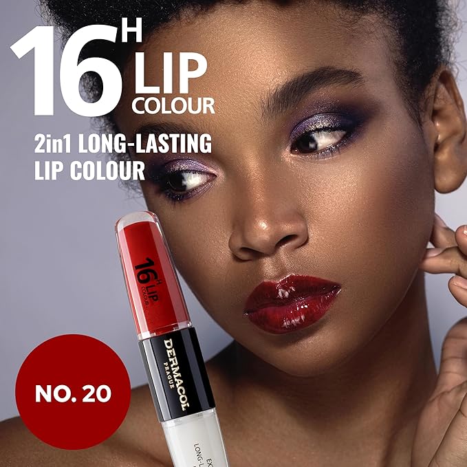 Dermacol NEW 16-Hour Lip Colour, Highly Pigmented Glossy Lip Stain, Two-Phase Lip Plumper Gloss, Kissproof Lip Makeup Products with Matte and Glitter Finish, n. 20