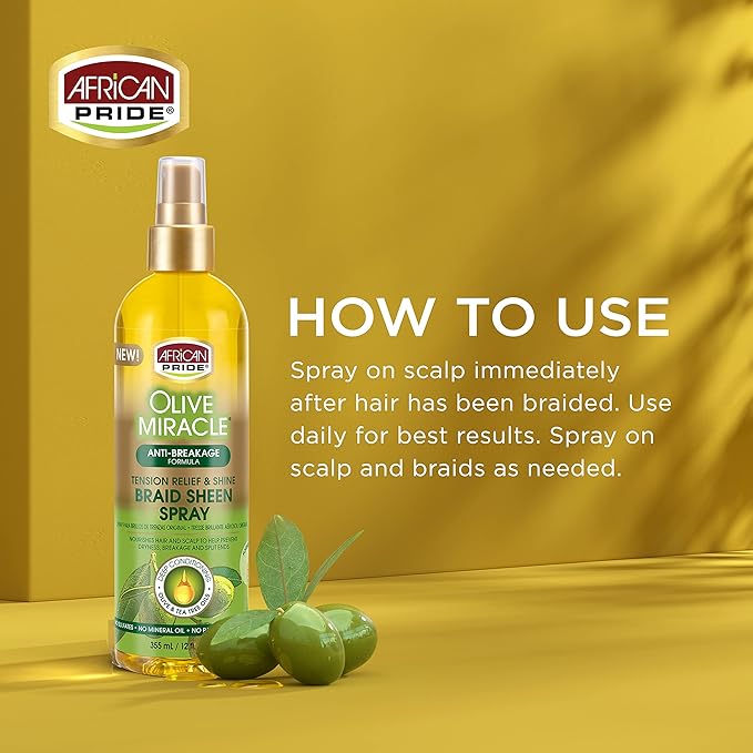 African Pride Olive Miracle Braid Sheen Spray (3 Pack) with tea tree oil and olive oil to protect and moisturize scalp and hair.12oz.