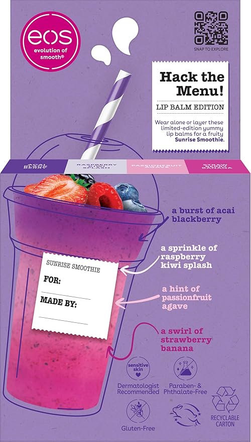 eos Flavor Lab Secret Menu Lip Balm Gift Set - Sunrise Smoothie, Limited-Edition, Moisturizing, Hydrating, Dry Lips, Variety Pack, 0.14 oz, 4-Pack