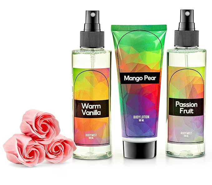 Fine Fragrance Body Mist & Body Splash Gift Set – Luxury Self-Care Combo for Women and Girls (Passion Fruit, Warm Vanilla, Mango Pear, Rose Soap)