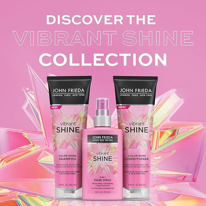 John Frieda Vibrant Shine 3 in 1 Spray, Detangles Hair, and Heat Protects, Infused with Rosehip Oil to Boost Shine for Radiant, Glossy Hair Across All Shades, Styles, & Textures, 5 Oz