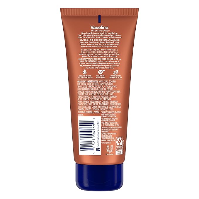 Vaseline Intensive Care Hand Crème Moisturizer for Dry Hands Hydra Replenish Made with hyaluronic acid, vitamin B3, and cocoa butter 3.4 oz 6 Count