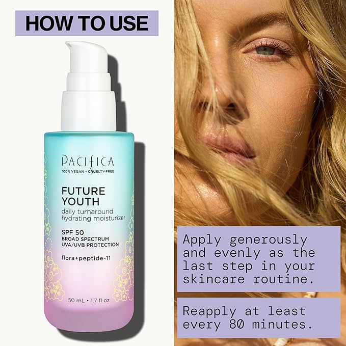 Pacifica Peptide Face Moisturizer Future Youth Daily Turnaround Hydrating, SPF 50 Broad Spectrum, UVA/UVB Sun Protection, Sunscreen, Face Moisturizer, Anti-Aging, Vegan, 1.7 fl oz (1 Count)