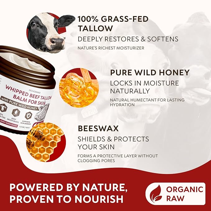 Beef Tallow for Skin - Whipped Grass-Fed Moisturizer with Wild Honey & Beeswax, Natural Face & Body Care, Deep Hydration, Anti-Aging, Sensitive Skin Safe, 100% Organic Balm