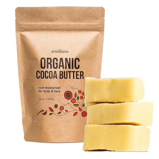 Organic Cocoa Butter Raw Unrefined, Food Grade USDA Certified Organic, for Scars, Stretch Marks Cream, Body Butter, Lip Balm and Lotion Bars, 100% Pure 1 lb Block