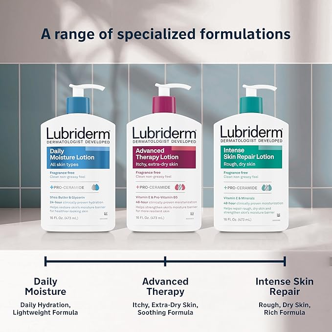 Lubriderm Advanced Therapy Fragrance-Free Moisturizing Lotion with Vitamins E and Pro-Vitamin B5, Intense Hydration for Extra Dry Skin, Non-Greasy Formula, Pack of Three, 3 x 24 fl. oz
