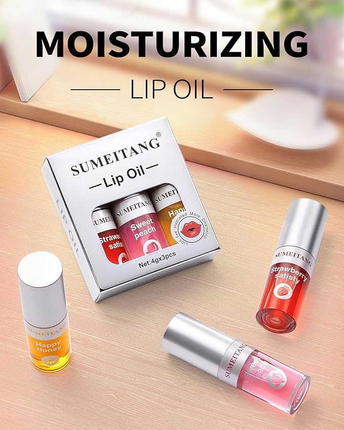 3Pcs Hydrating Lip Oil Set,Non-sticky Lip Oils Gloss Lip Balm Lip Care,Deeply Nourishing and Repairing Prevents Lips Chapped and Lighten Lip Lines(Honey,Peach,Strawberry)