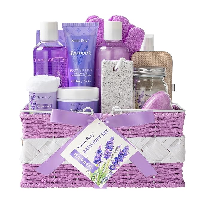 Mother's Day Gift for Mom Spa Gift Baskets for Women Bath lavender gifts spa gift set Basket For Women & Men, Luxury Self Care Home Spa Kit Lavender Bath Gift Basket 20Pcs Bath Gift Set