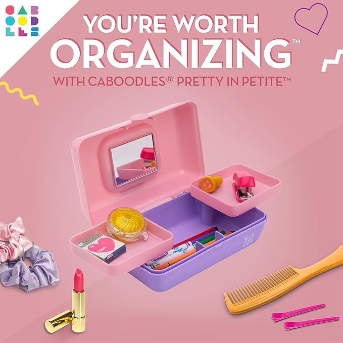Caboodles Pretty in Petite Makeup Box, Hard Plastic Organizer Box, 2 Swivel Trays, Fashion Mirror, Secure Latch for Safe Travel