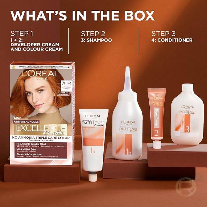 L’Oreal Paris Excellence Universal Nudes Permanent Hair Color, Ammonia Free Hair Dye for Gray Hair Coverage, 4NR Natural Dark Red, 1 Hair Dye Kit