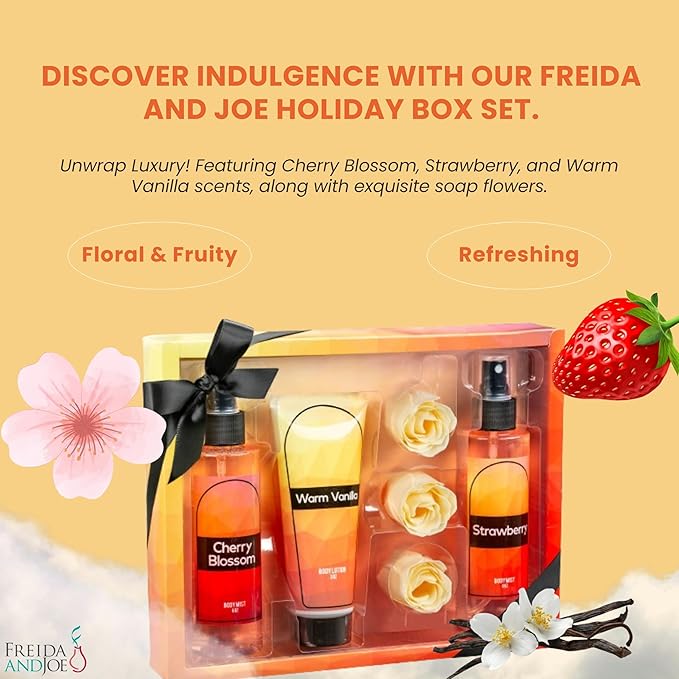Fine Fragrance Body Mist & Body Splash Gift Set – Luxury Self-Care Combo for Women and Girls (Cherry Blossom, Strawberry, Warm Vanilla, Rose Soap) Mother’s Day Gift for Mom