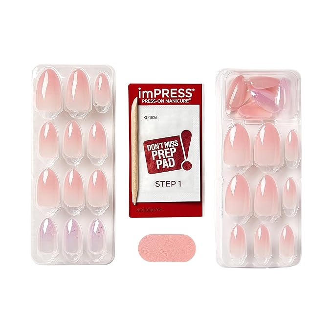 KISS LoveShackFancy x imPRESS Press-On Manicure Limited Edition, Style "Blushing Lavender" Medium Almond Pink Press-On Nails, Includes Prep Pad, Mini Nail File, Cuticle Stick, & 30 Fake Nails