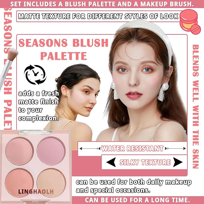 4 Colors Blush Palette for Cheeks,Face Matte Contour Brush 03