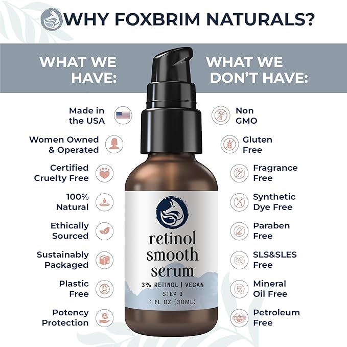 Retinol Face Serum - 3% Retinol - Anti Aging Night Serum - with Gotu Kola, Hyaluronic Acid, Horsetail Extract & Organic Jojoba Oil - 1oz by Foxbrim Naturals
