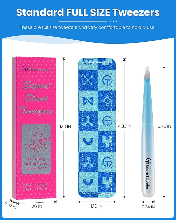 Expert Slant Tip Tweezers with Leather Case, GlamTweeler Sharp & Precision Stainless Steel Tweezer for Eyebrows, Facial Hair and Fine Hairs Removal (Sparkle Blue & Silver)