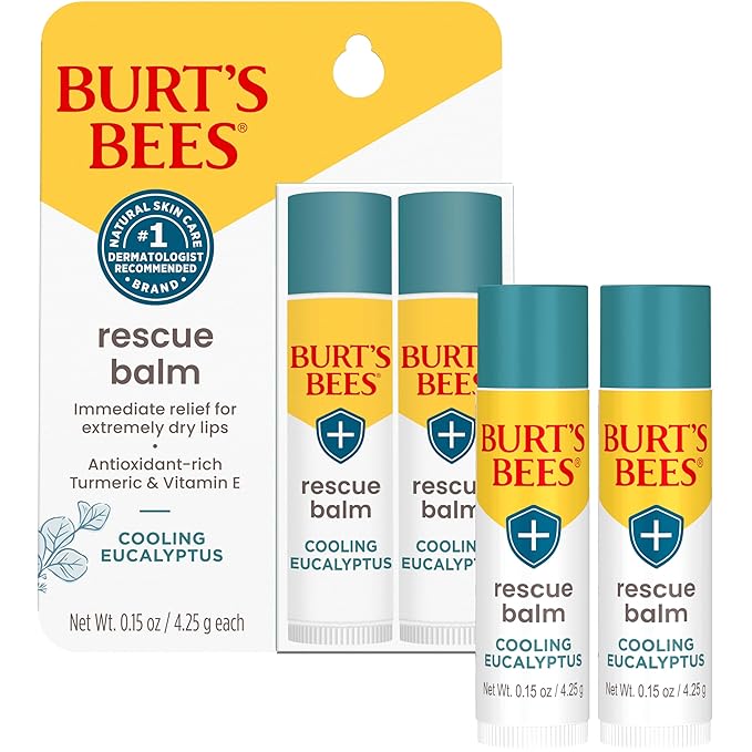 Burt's Bees 100% Natural Origin Rescue Lip Balm With Beeswax and Antioxidant-Rich Turmeric Promotes Healing Of Extremely Dry Lips, Cooling Eucalyptus, 2 Tubes in Blister Box(Pack May Vary)