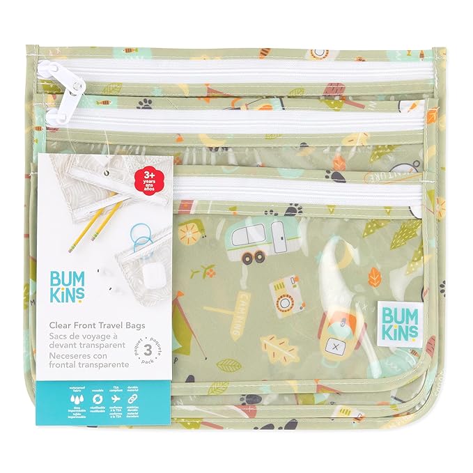 Bumkins Travel Bag, Toiletry, TSA Approved Pouch, Zip Bag, Quart Size Airline Compliant, Clear-Sided, Baby, Diaper Bag Organization, Makeup, Accessories, Packing, Set of 3 Sizes, Camp Gear Green