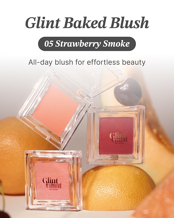Glint Baked Blush (Strawberry Smoke, 0.08oz) - Long-Lasting, All-Day Face Blush Powder for a Natural Look. Korean Skin Care Makeup. Blendable Color for Eyes, Cheeks & Body.