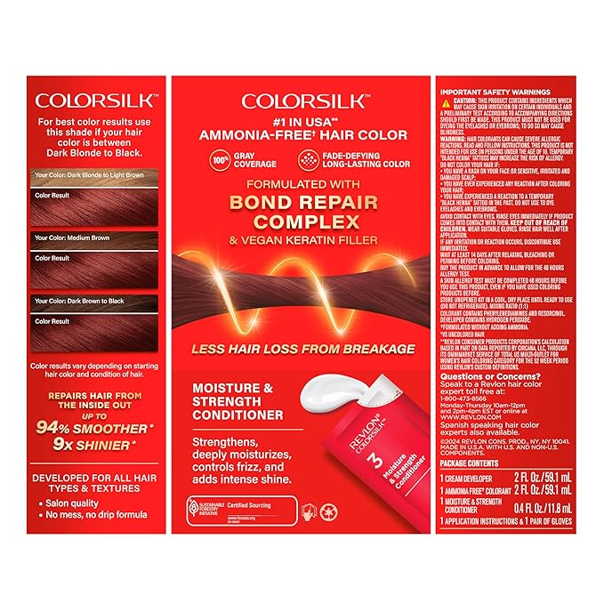 Revlon ColorSilk with Bond Repair Complex, Auburn Permanent Hair Color, 100% Gray Coverage, Ammonia Free Hair Dye, Vegan Keratin, 49 Auburn Brown (Pack of 3)
