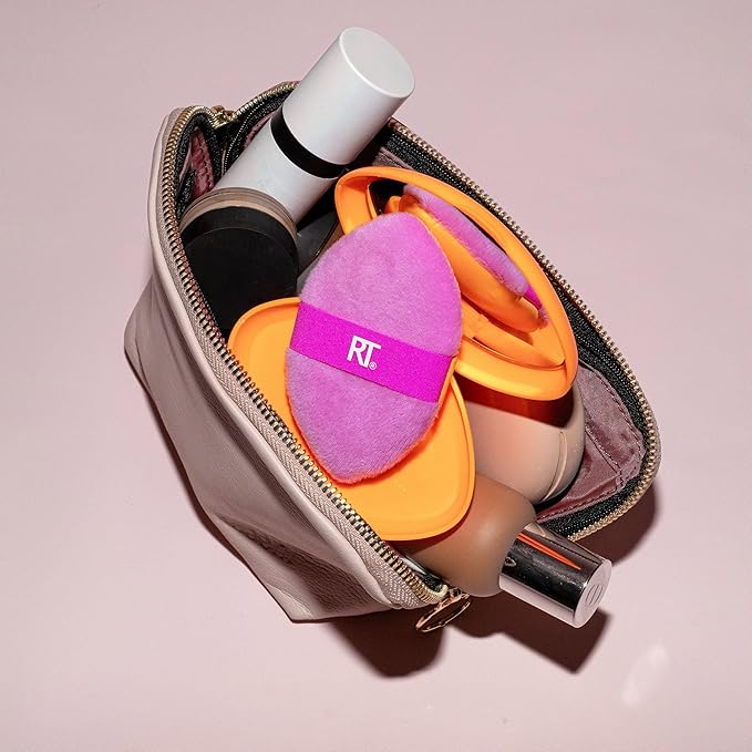 Real Techniques Miracle 2-In-1 Powder Puff + Travel Case, Dual-Sided Makeup Blending Puff, Elastic Band, Precision Makeup Sponge & Powder Puff, For Liquid, Cream & Powders, Travel Case, 2 Count