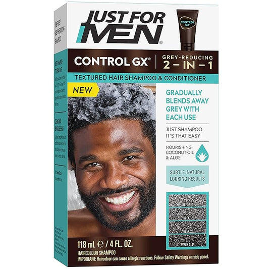 Just for Men Control GX Grey Reducing Shampoo for Textured Hair, Gradual Hair Color for Men with Keratin, 4 Fl Oz - Pack of 1 (Packaging May Vary)