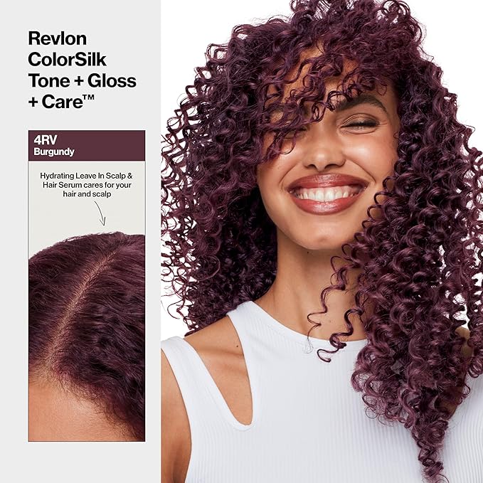 Revlon ColorSilk Tone + Gloss + Care Demi Permanent Hair Color, Dye Kit with Leave-In Scalp and Haircare Serum, 2x Shinier, 4x Stronger, 4RV Burgundy, 4.5 fl oz