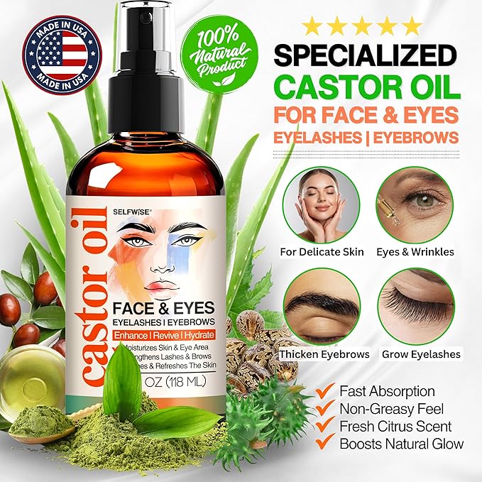 Organic Castor Oil For Face Moisturizer, Eyes, Eyelashes, Eyebrows, Wrinkles with Jojoba, Rosehip, Grapeseed, Squalane, Palmarosa, Bergamot and Vitamin E for Gentle Skin, Men & Women 4oz