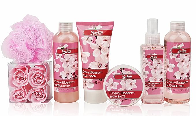 Spa Bath and Body - Spa Gift Baskets for Women & Girls, Cherry Fragrance, Spa Birthday Gift Includes Loofah Sponge, Bath Salt, Body Lotion, Soap Rose, Body Mist, Shower Gel Bubble Bath