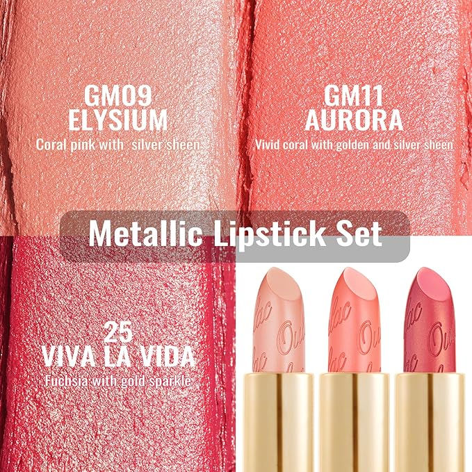 Oulac Metallic Coral Lipstick Set 3PCS High Impact Lipcolor with Moisturizing Formula, Vegan Beauty, Full-Coverage Lip Color, Gift Lipstick for Women, 4.3g X 3PCS, GM09+GM11+25
