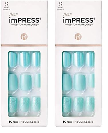 KISS imPRESS Press-On Manicure, Nail Kit, PureFit Technology, Short Press-On Nails, 'Rain Check', Includes Prep Pad, Mini Nail File, Cuticle Stick, and 30 Fake Nails (Pack of 2)