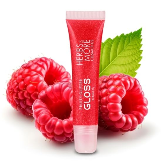 Herbs & More Cosmetics Fruity Lip Gloss Glitter – High Shine, Long-Lasting Moisture, Lightweight Non-Sticky Formula for Sparkling Lips - 10ml (Raspberry, 10ML)