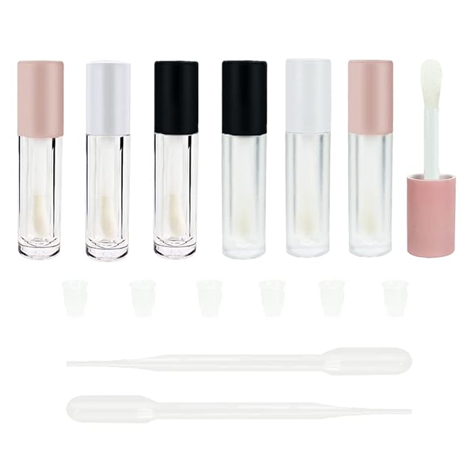 COSIDEA 24 pcs Empty 5ml big brush lip gloss tube Pink round lipgloss tubes container with big doe foot wand cosmetic packing containers