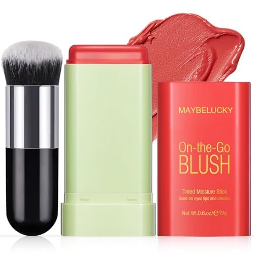 Cream Blush Stick for Cheeks, Multi-Use Makeup Blush Brush-Orange Coral